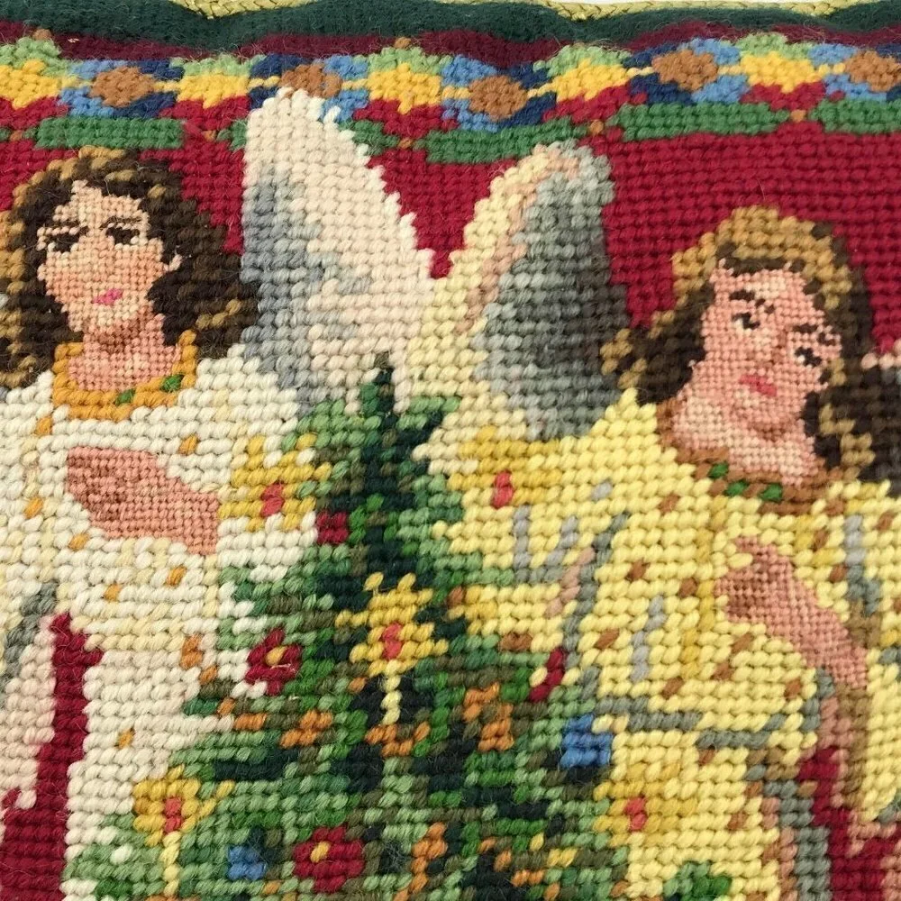 Needlepoint Christmas Tree & Angel Accent Throw Pillow Green Red Wool Embroidery